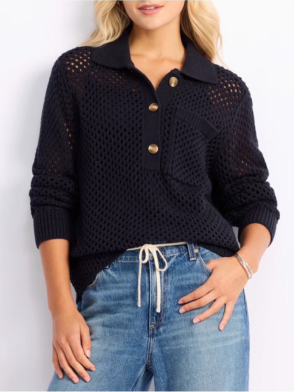 Stitch Fix RD Style Black Open Stitch Crochet Knit Polo Sweater Pullover Size MP